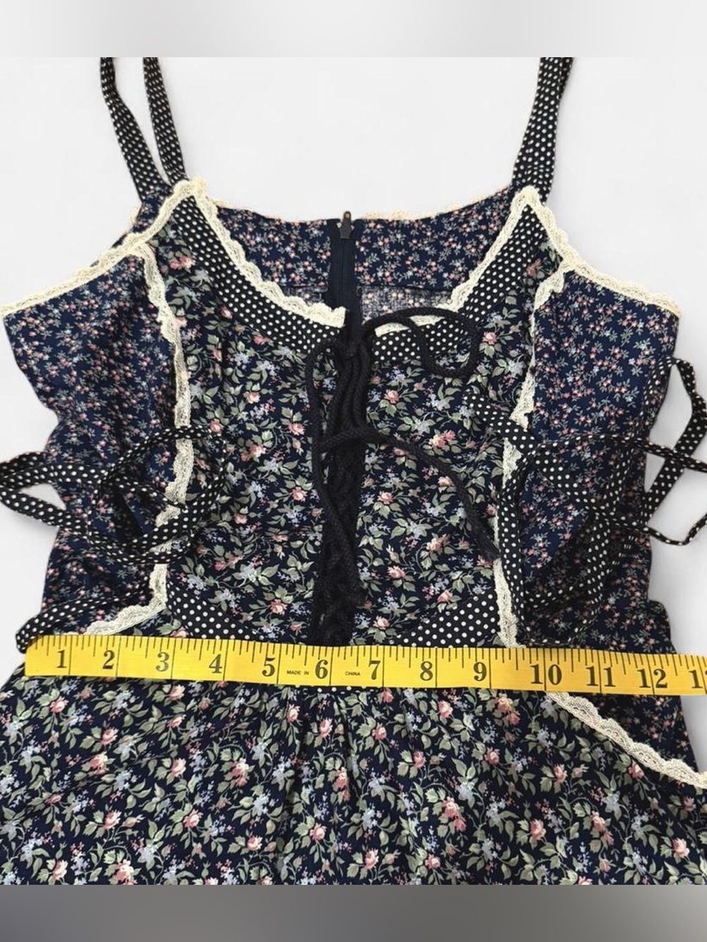 Vintage Gunne Sax by Jessica Navy Calico Praire Dress Corset Tie 1970s - Picture 4 of 12